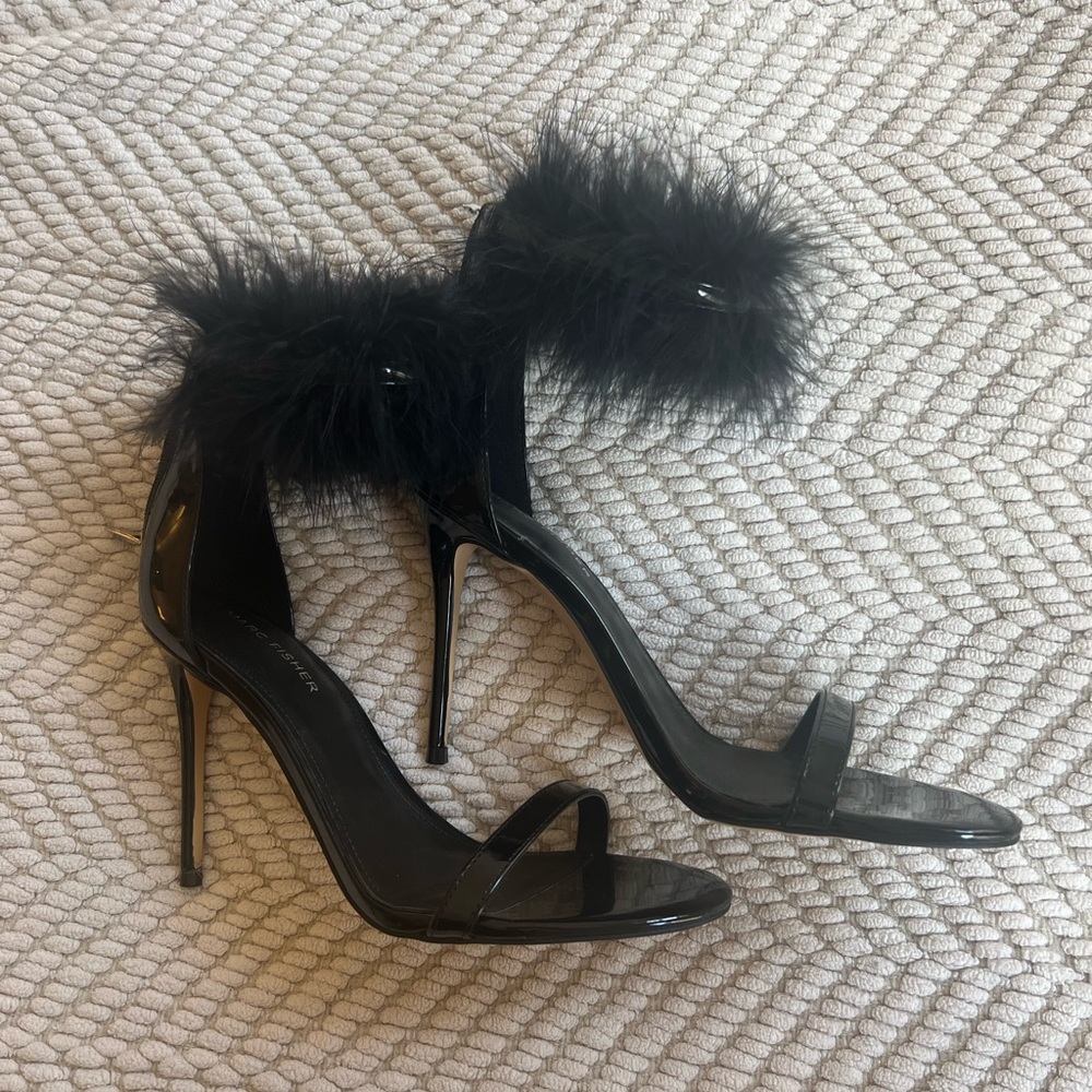 black marc fisher heels with zipper in bag and feather anklet. brand new!
